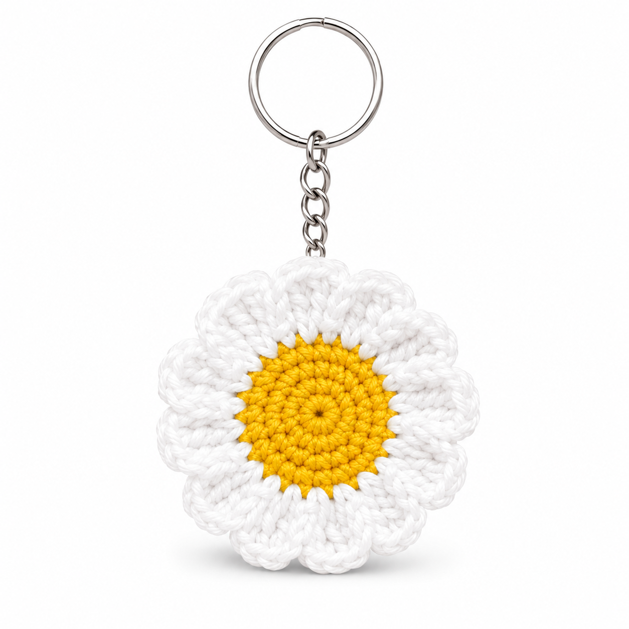 White Daisy Flower Crochet Keychain