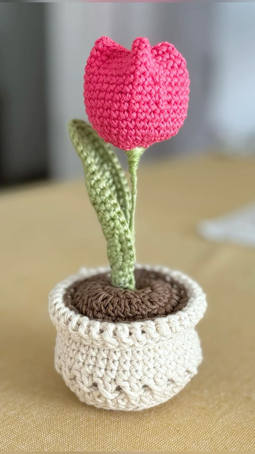 Dark Pink Peony Crochet Flower Pot