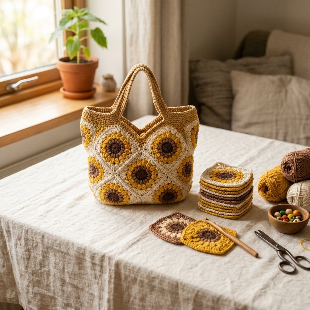 Sunflower Granny Square Tote Bag